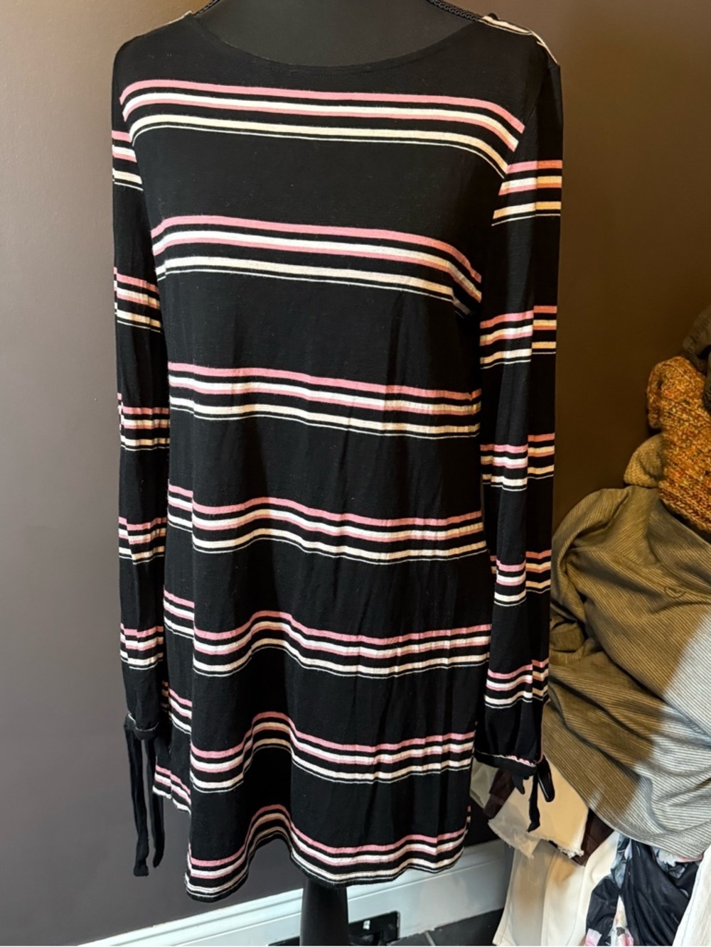 White House Black Market Black Long-Sleeve Dress with Pink & White Stripes